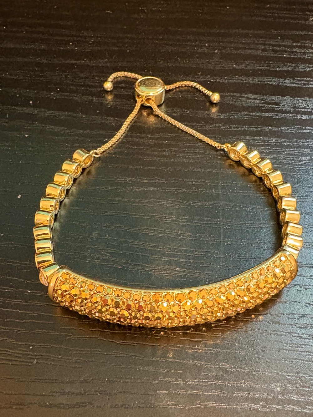 Joan Boyce bracelet adjustable slide size gold tone clear rhinestones